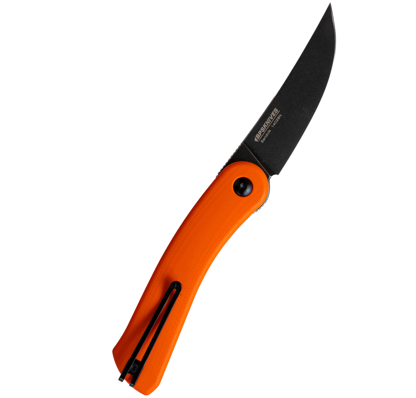Folding knife with orange handle and black blade on a white background