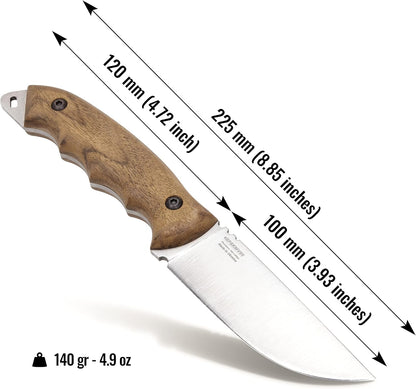 Knife with wooden handle and leather sheath 