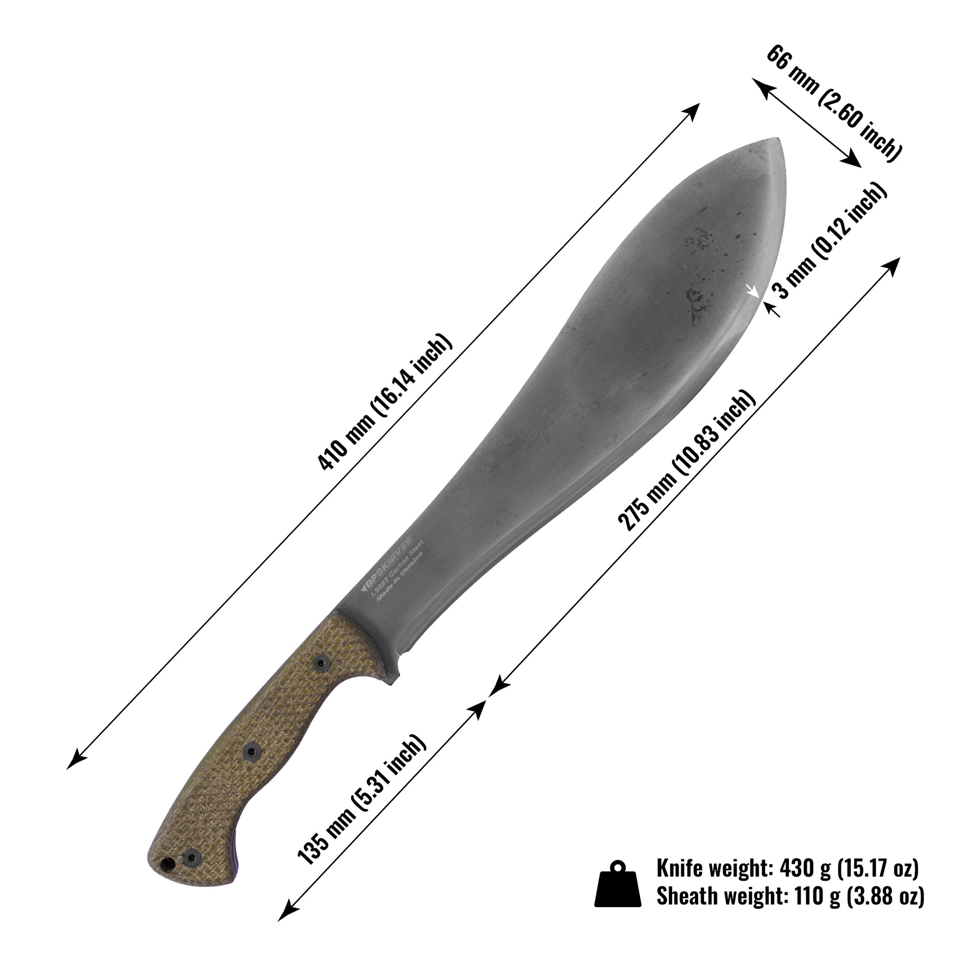 Machete with dimensions labeled on a white background