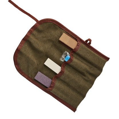 Brown fabric pouch with colorful rectangular items on a white background
