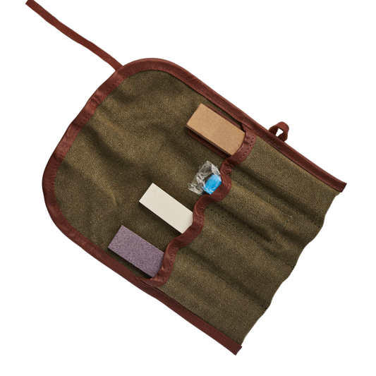 Brown fabric pouch with colorful rectangular items on a white background