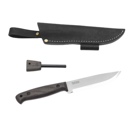 Knife with sheath and fire starter on a white background