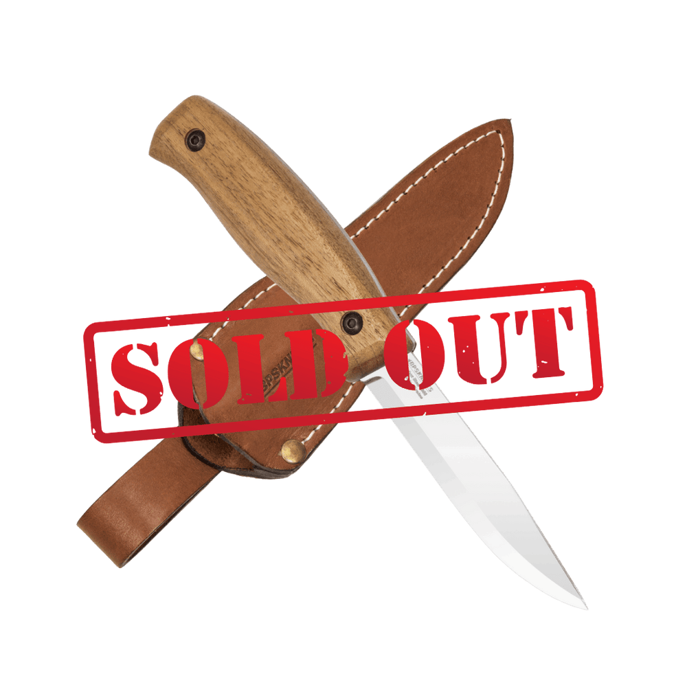 Crossed knives with leather sheaths and 'SOLD OUT' stamp on a green background