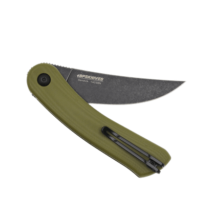 Folding knife with green handle and black blade on a transparent background