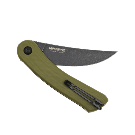 Folding knife with green handle and black blade on a transparent background