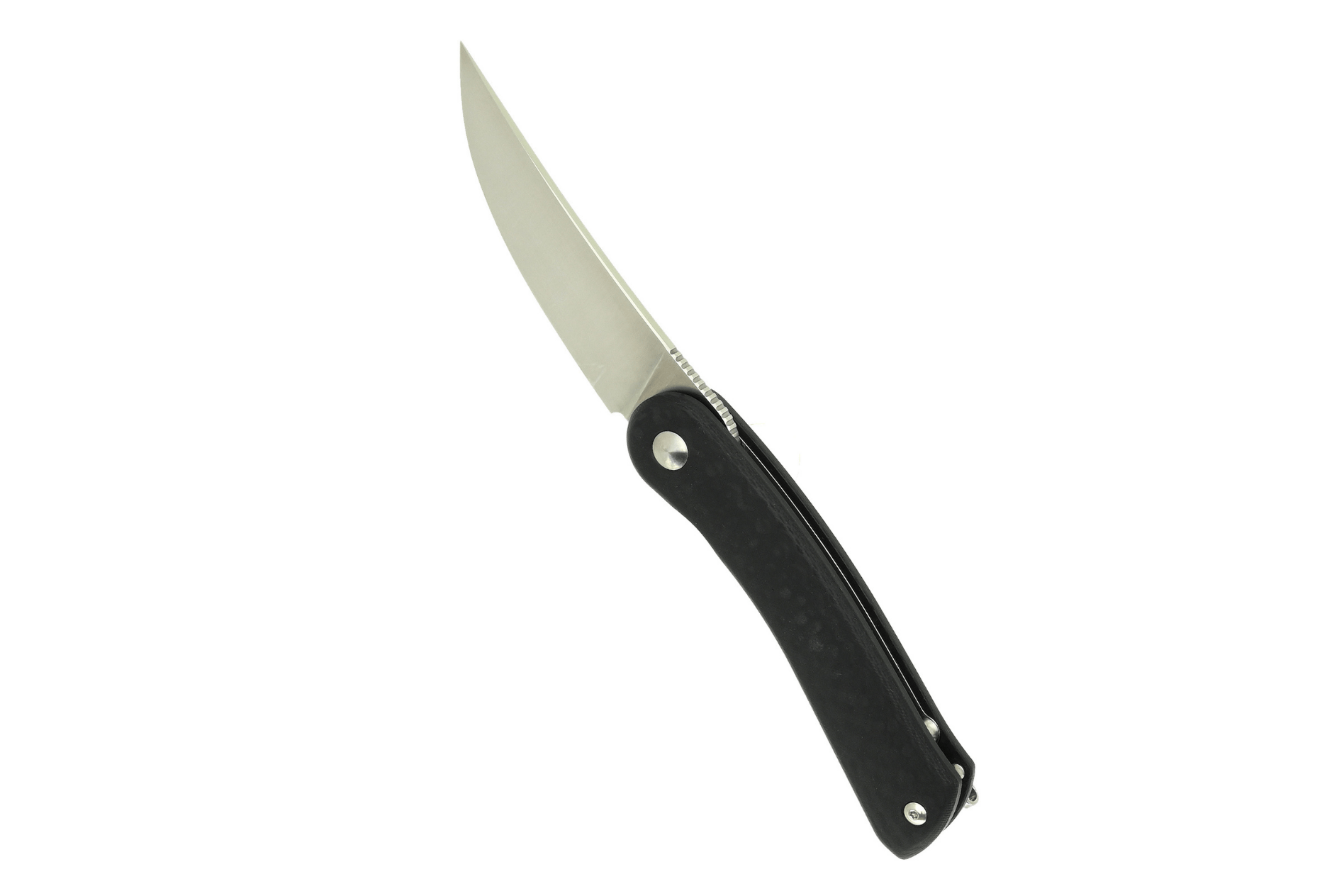 Folding knife with a black handle on a white background