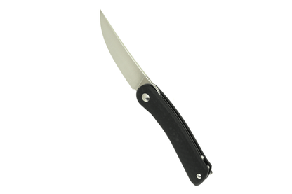 Folding knife with a black handle on a white background