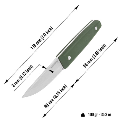Green folding knife with measurements on a white background