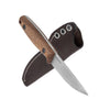 Knife with wooden handle and leather sheath on a white background