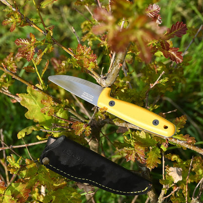 Yellow folding knife with black sheath on a branch
